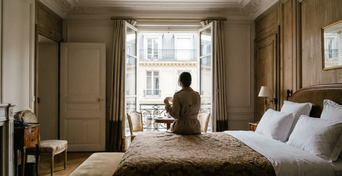Chambre d'hôtel de charme parisien avec moulures au plafond et vue sur façades haussmanniennes