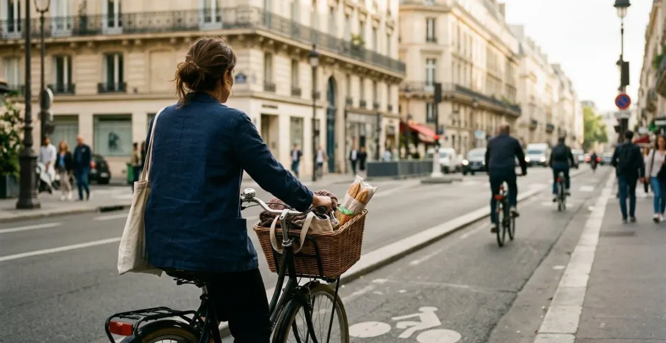 Une cycliste pédale sur une piste cyclable parisienne, son vélo de ville avec panier visible de dos, l'architecture haussmannienne floue en arrière-plan