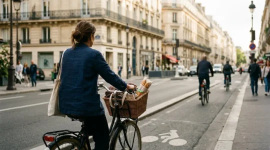 Une cycliste pédale sur une piste cyclable parisienne, son vélo de ville avec panier visible de dos, l'architecture haussmannienne floue en arrière-plan