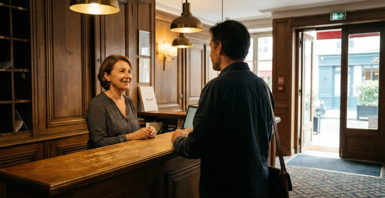 Hall d'entrée chaleureux d'un hôtel familial parisien avec réceptionniste accueillant un voyageur