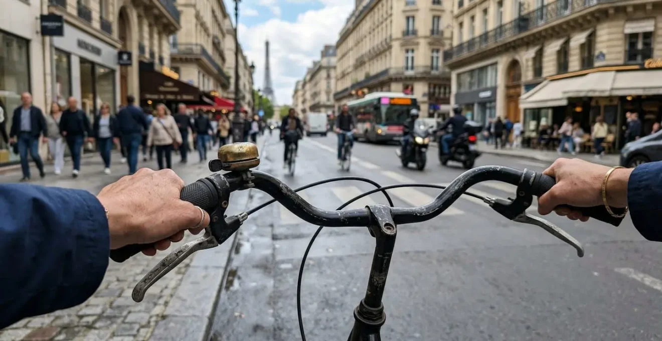 Gros plan sur des mains posées sur un guidon relevé de vélo de ville, arrière-plan flouté d'une rue parisienne animée