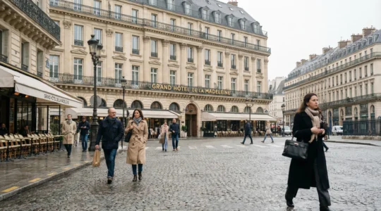 Vue de la Place de la Madeleine avec façade d'hôtel haussmannien typique du 8ème arrondissement Paris