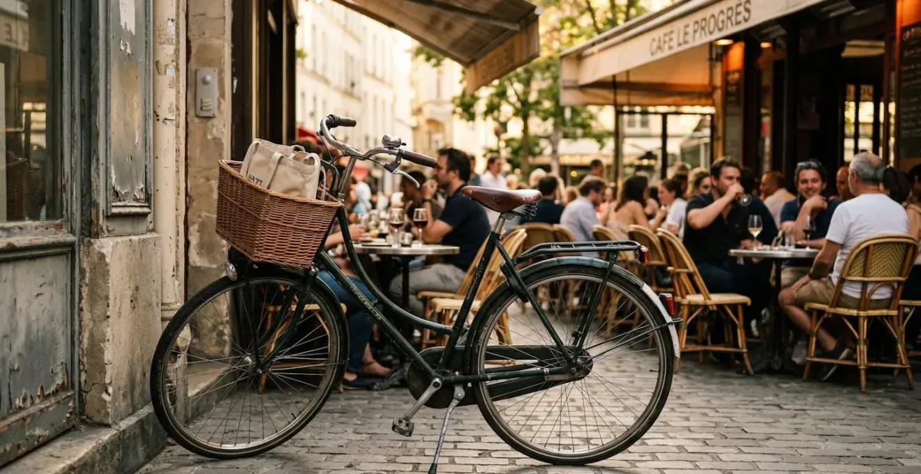 Un vélo de ville au design épuré garé devant une terrasse de café parisienne, tables floues en arrière-plan