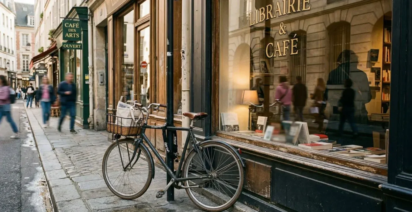 Un vélo de ville au cadre élégant exposé près d'une vitrine, reflets de passants parisiens visibles sur la vitre