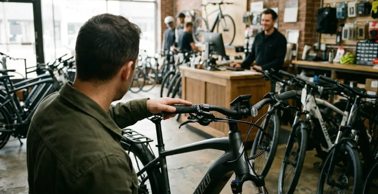 Un client penché examine le guidon d'un vélo électrique dans une boutique lumineuse, vendeur flou en arrière-plan
