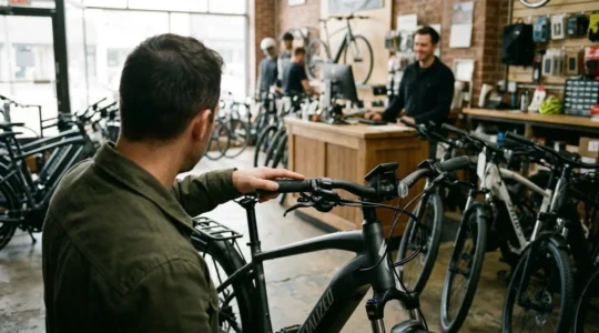 Un client penché examine le guidon d'un vélo électrique dans une boutique lumineuse, vendeur flou en arrière-plan