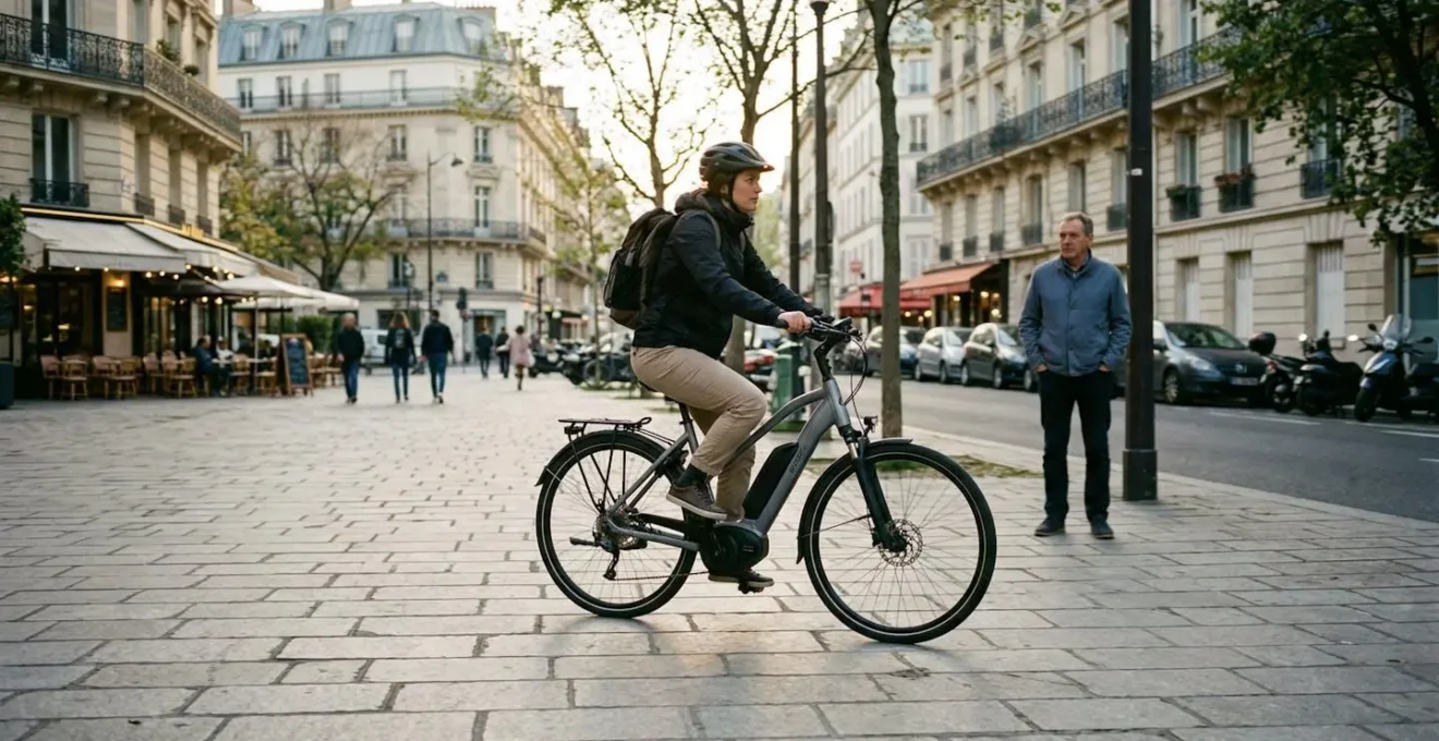 Un cycliste teste un vélo électrique sur un trottoir large, conseiller observant à distance, environnement urbain parisien