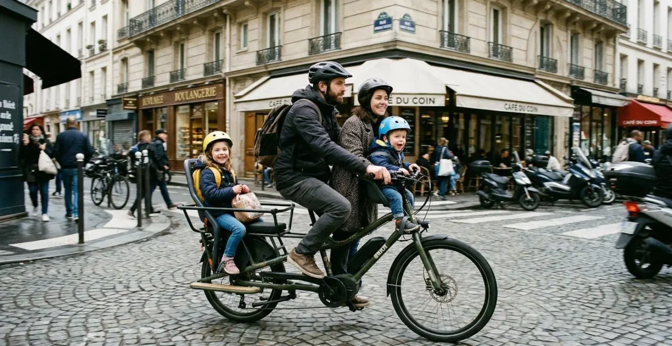 Une famille avec un enfant à l'arrière d'un vélo longtail électrique dans une rue parisienne typique, légère impression de mouvement