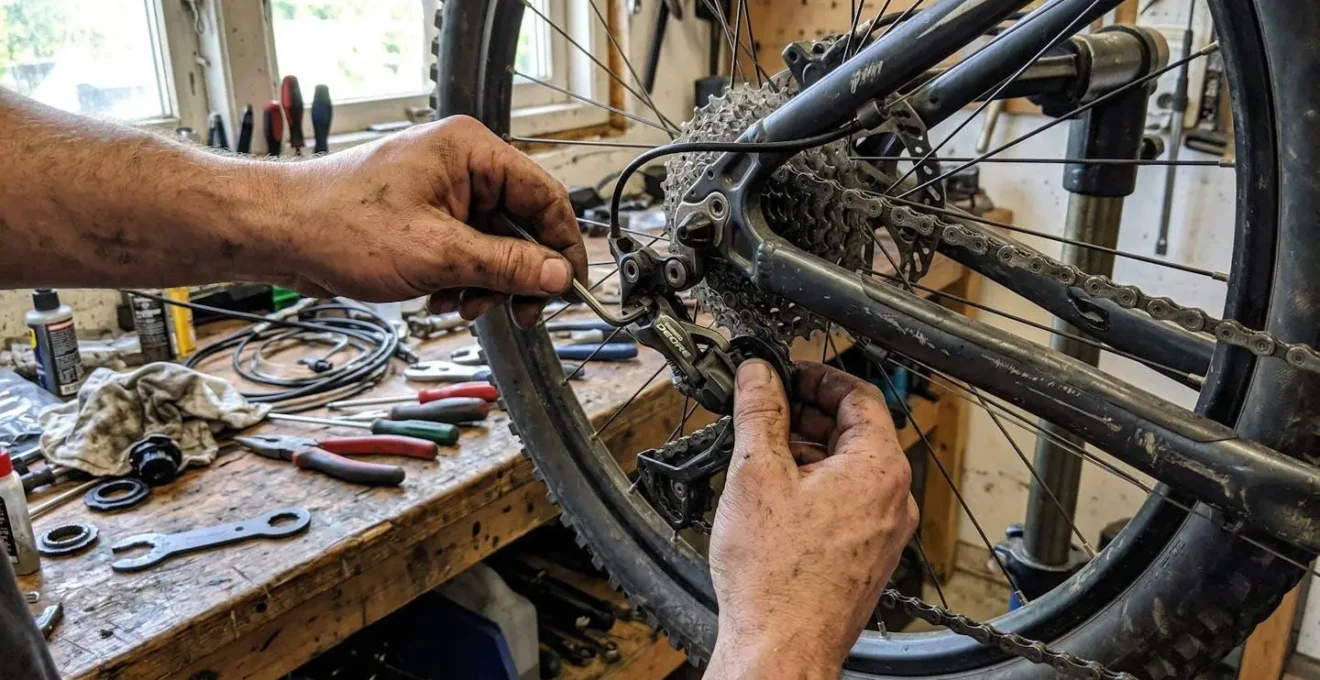 Mains d'un technicien ajustant le dérailleur d'un vélo électrique, outils éparpillés sur un établi en bois