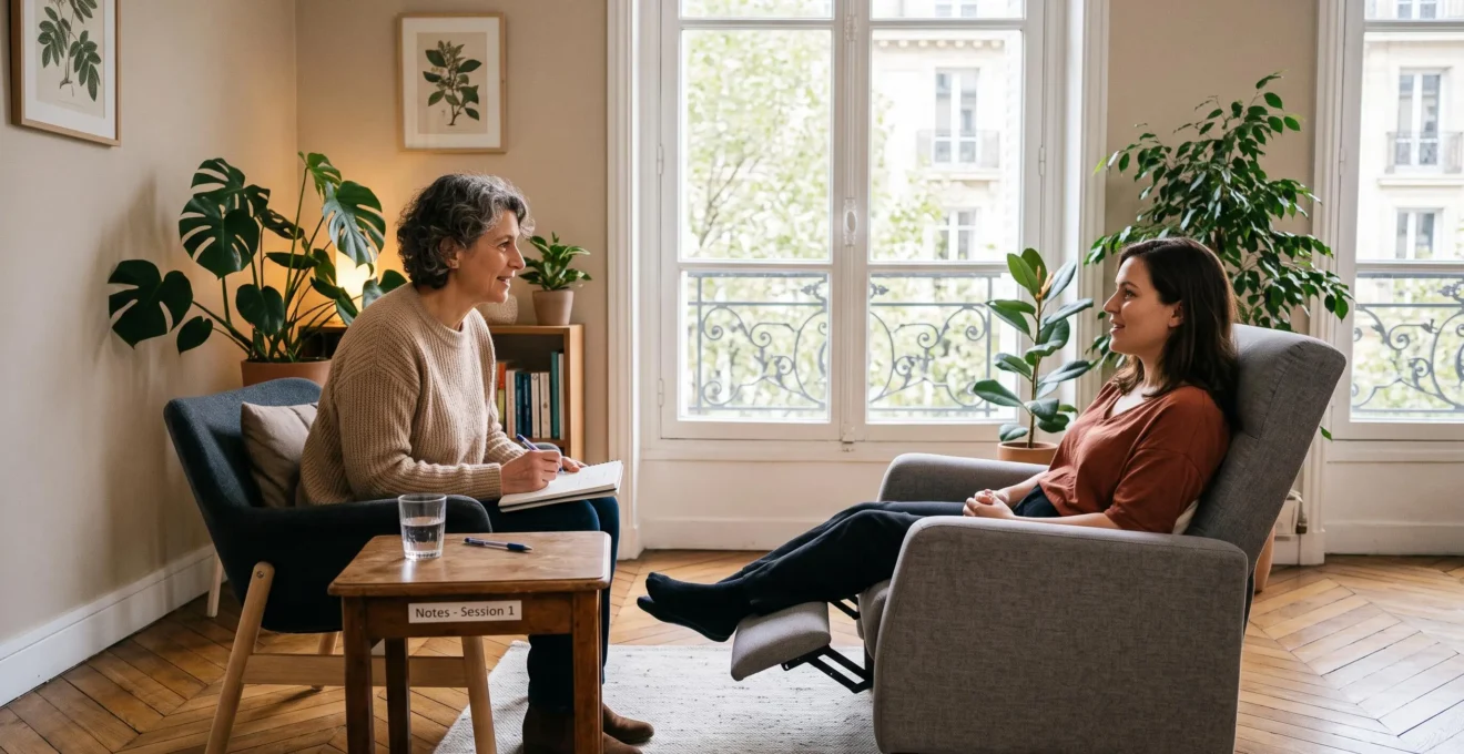 Une praticienne échange avec une cliente allongée lors d'une première séance d'hypnose.