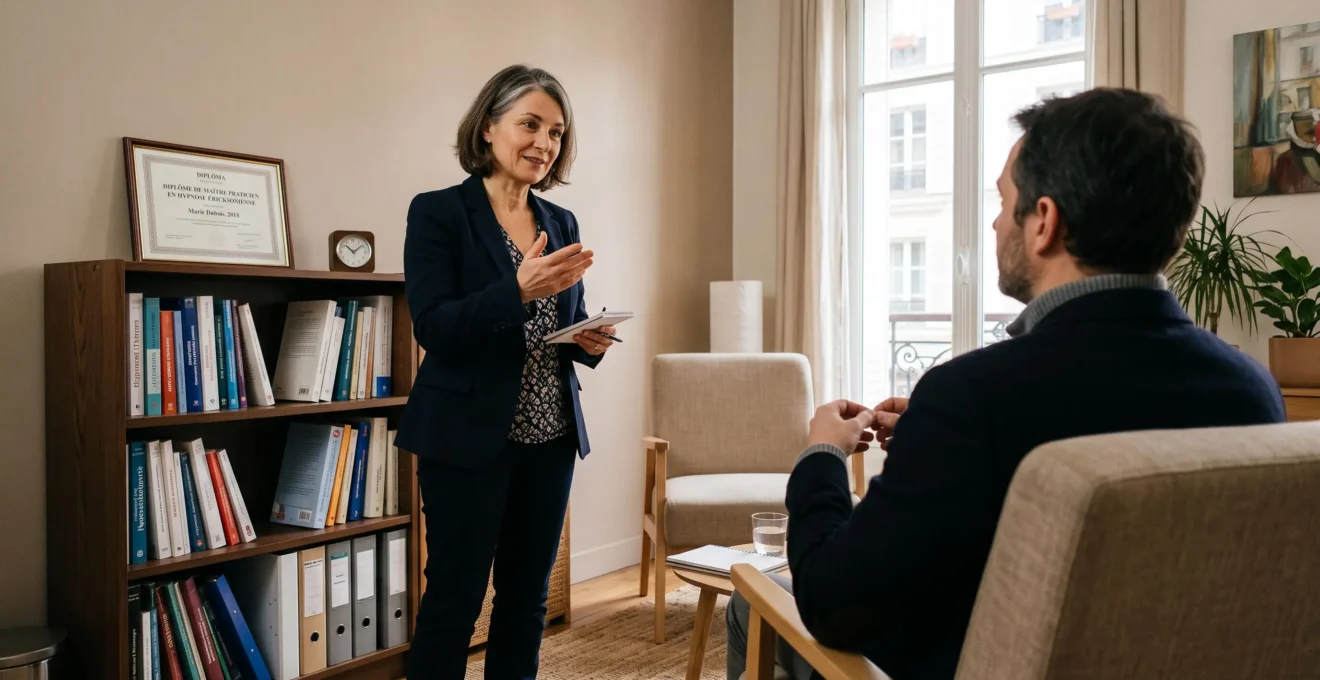 Un hypnothérapeute explique sa méthode à une cliente dans son cabinet.